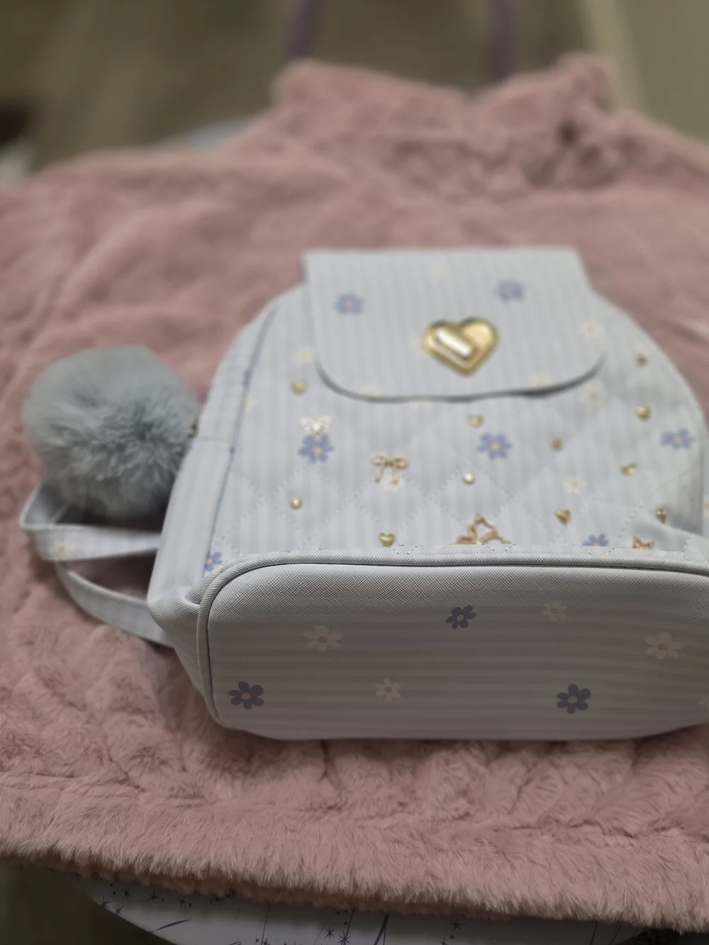 Women’s Light Blue Floral Quilted Backpack with Gold Accents
